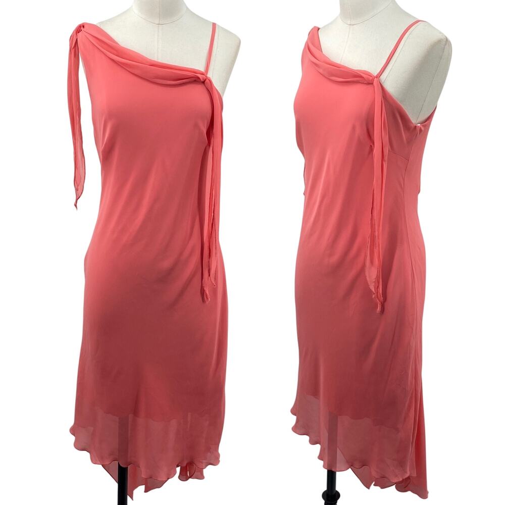 Vintage Y2k Asymmetrical Strappy Neckline Draped Bias Cut Midi Dress Slip Coral